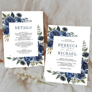 Rustic Navy Blue Floral All in One Wedding Invitation