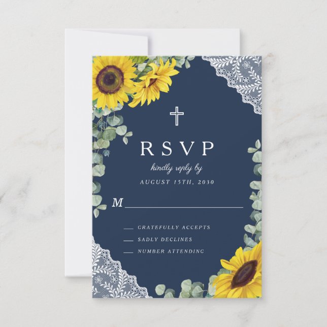 Rustic Navy Blue Floral Sunflower Wedding RSVP Card (Front)