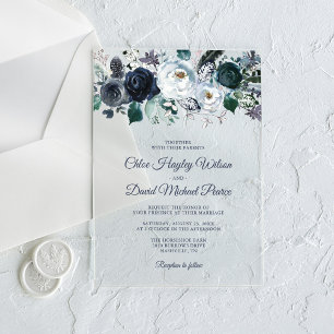 Rustic Navy Blue Floral Wedding Acrylic Invitations