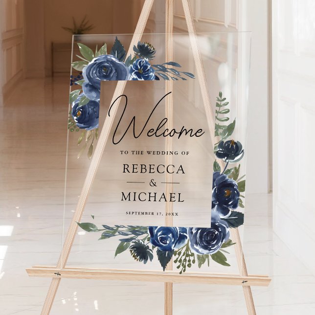 Rustic Navy Blue Floral Wedding Welcome Acrylic Sign (Creator Uploaded)