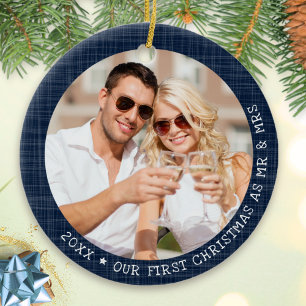 Rustic Navy Blue Frame Photo Mr and Mrs Christmas Ceramic Ornament