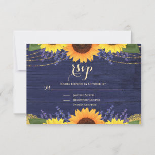 Rustic Navy Blue Gold Lace Sunflower Wedding RSVP Card