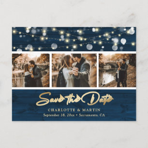 Rustic Navy Blue Gold Wedding Photo Save The Date Announcement Postcard