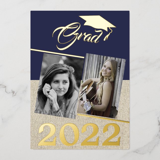 Rustic Navy Blue Graduate 2 Photo Graduation Gold (Front)