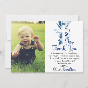 Rustic Navy Blue Greenery Cross Boy Baptism Photo Thank You Card
