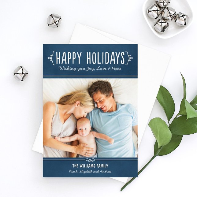 Rustic Navy Blue Happy Holidays Handwritten Photo Holiday Card (Creator Uploaded)