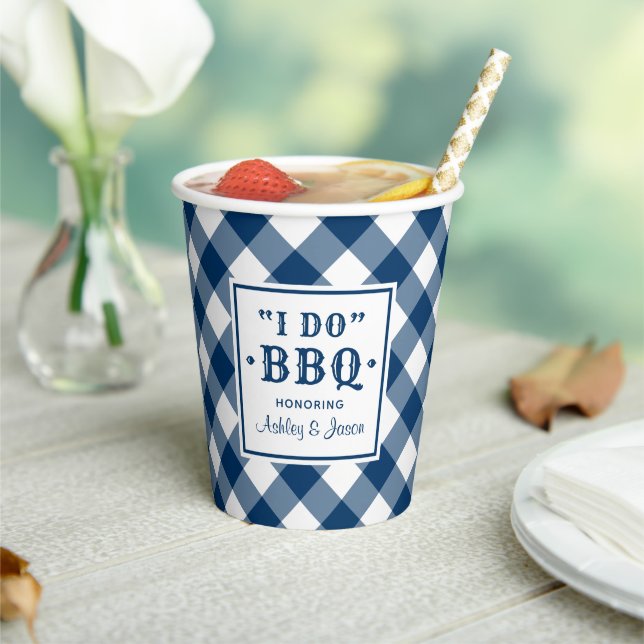 Rustic Navy Blue I Do BBQ Custom Wedding Monogram Paper Cups (Insitu)