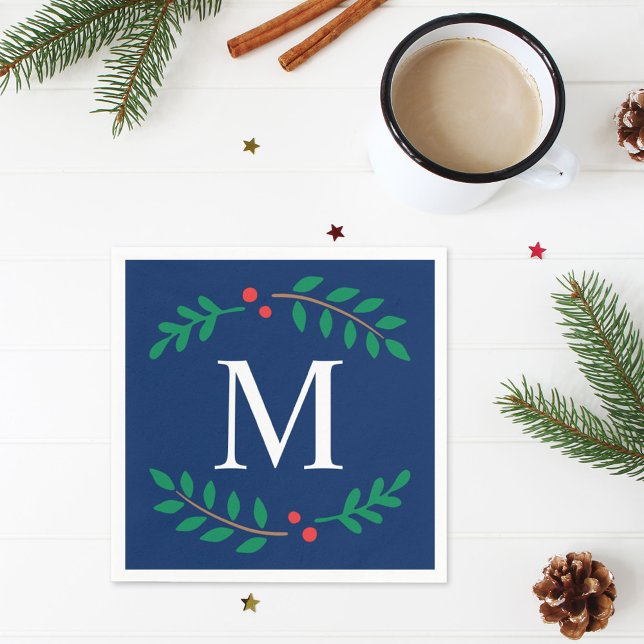 Rustic Navy Blue Laurel Monogram Christmas Napkin (Creator Uploaded)