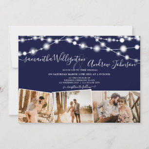 Rustic navy blue lights script 4 photos wedding invitation