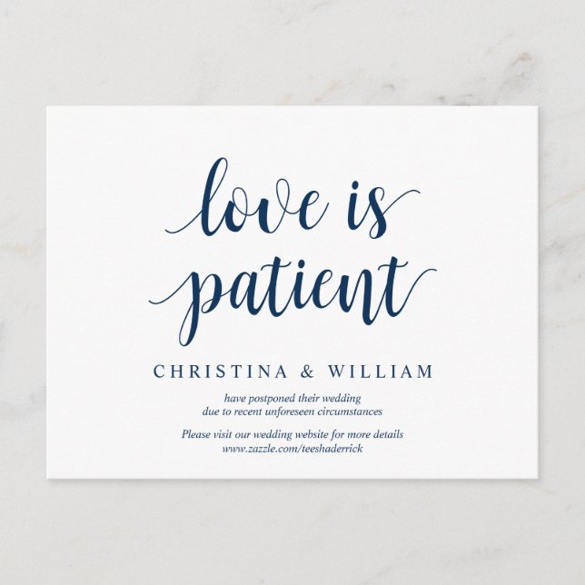 Rustic Navy Blue, love is patient, wed postponed Postcard (Front)