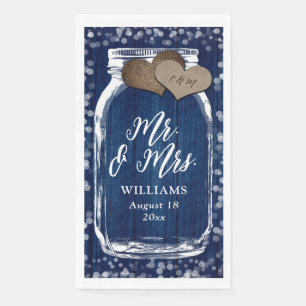 Rustic Navy Blue Mason Jar Wood Mr. & Mrs. Wedding Napkin