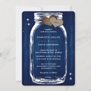 Rustic Navy Blue Mason Jar Wood Wedding Invitation