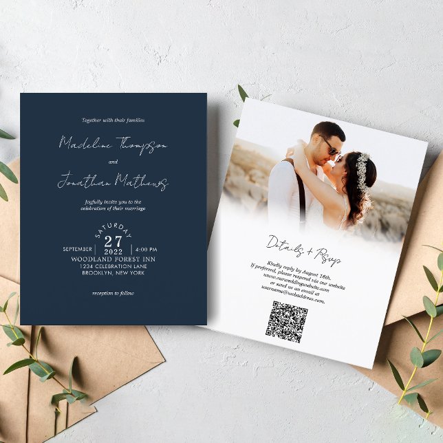 Rustic Navy Blue Photo Budget Wedding QR Code Rsvp (Creator Uploaded)