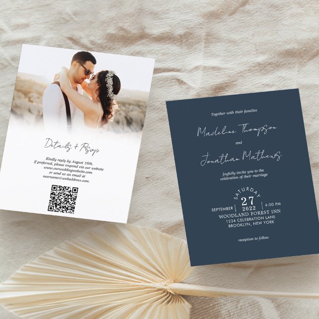 Rustic Navy Blue Photo Budget Wedding QR Code Rsvp (Creator Uploaded)
