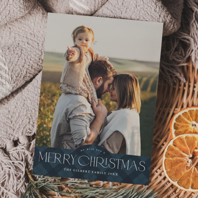 Rustic Navy Blue Plaid 2 Photo Merry Christmas Holiday Card (Rustic navy blue plaid 2 photo Christmas holiday card.)