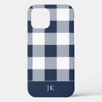 Rustic Navy Blue Plaid Pattern Monogram