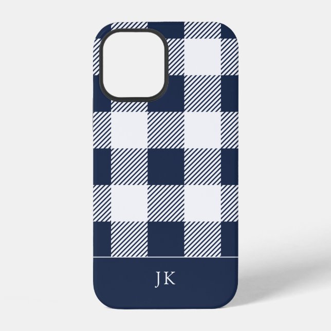 Rustic Navy Blue Plaid Pattern Monogram iPhone Case (Back)