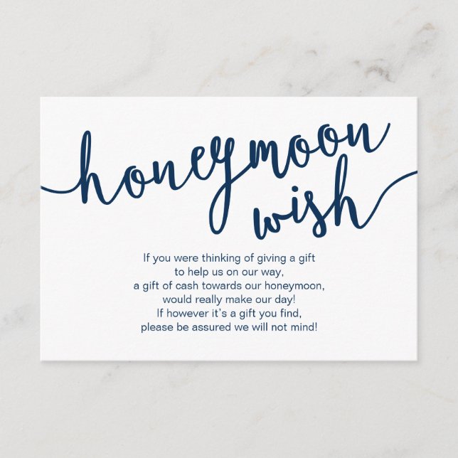 Rustic Navy Blue Script, Wedding Honeymoon Wish Enclosure Card (Front)