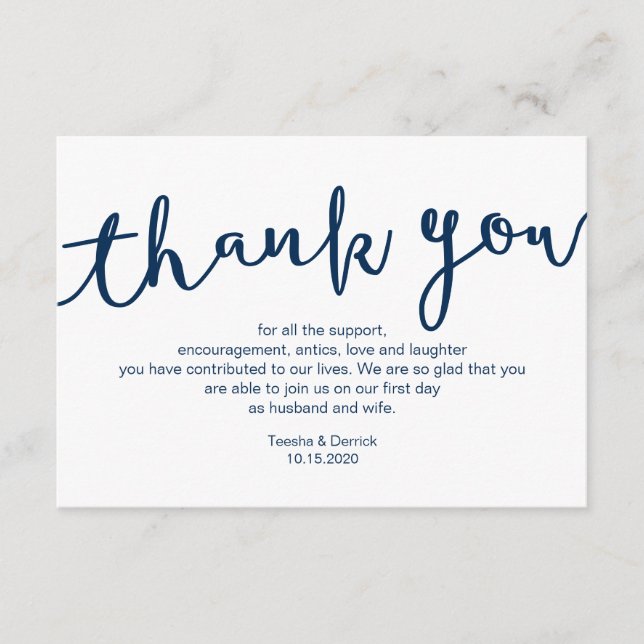 Rustic Navy Blue Script, Wedding Thank you Enclosure Card (Front)