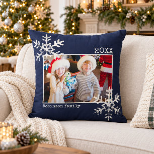 Rustic Navy Blue Snowflakes Family Photo Christmas Throw Pillow
