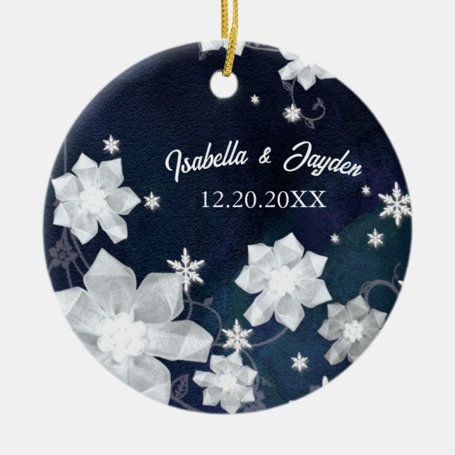 Rustic Navy Blue Snowy Winter Wedding Keepsake Ceramic Ornament (Front)