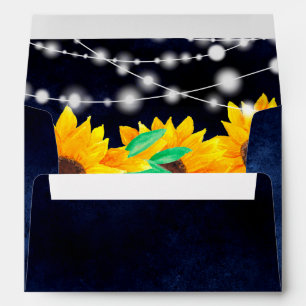 Rustic navy blue string lights sunflowers address envelope