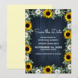 Rustic Navy Blue Sunflower|Daisy Save the Date Invitation