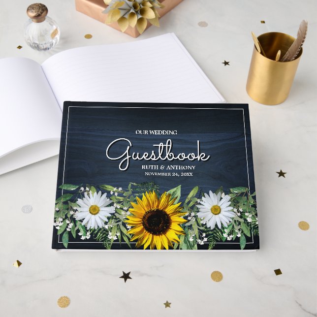 Rustic Navy Blue Sunflower|Daisy Wedding Guest Book (Front Open)