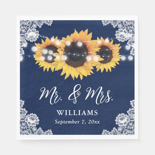 Rustic Navy Blue Sunflower Mr and Mrs Wedding Napkin (Front)