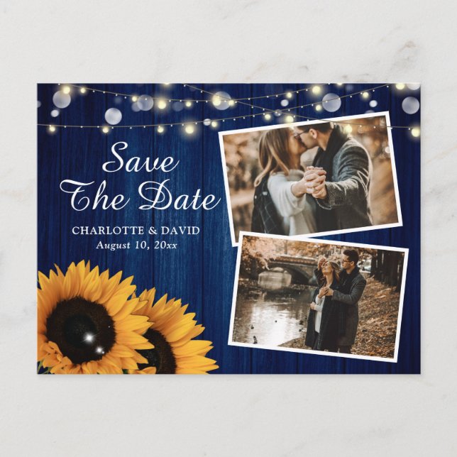 Rustic Navy Blue Sunflower Save The Date Photo Announcement Postcard (Front)