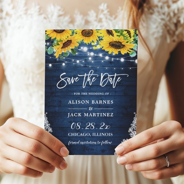 Rustic Navy Blue Sunflower String Lights Wedding Save The Date (Creator Uploaded)