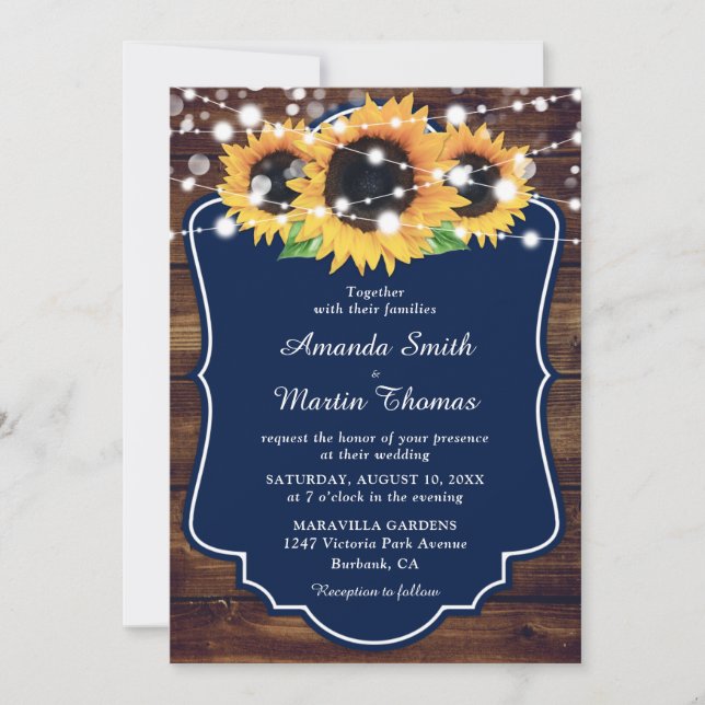 Rustic Navy Blue Sunflower Wedding Invitation (Front)