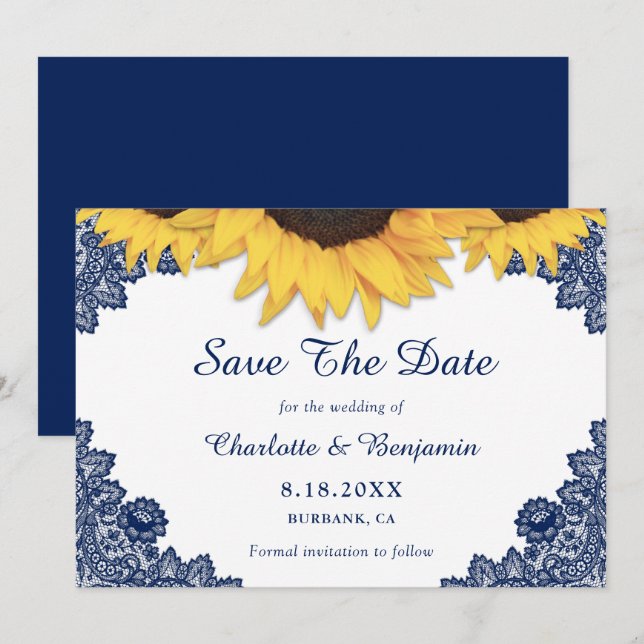 Rustic Navy Blue Sunflower Wedding Save The Date (Front/Back)