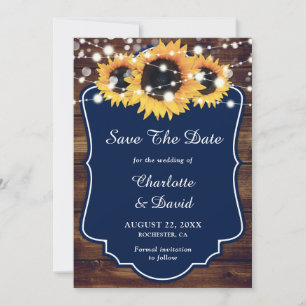 Rustic Navy Blue Sunflower Wedding Save The Date