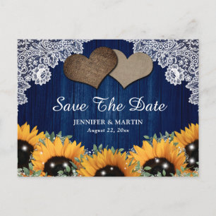 Rustic Navy Blue Sunflower Wedding Save The Date Announcement Postcard
