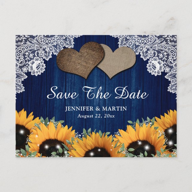 Rustic Navy Blue Sunflower Wedding Save The Date Announcement Postcard (Front)