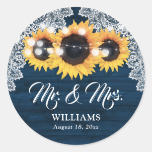Rustic Navy Blue Sunflower Wood Lace Wedding Classic Round Sticker
