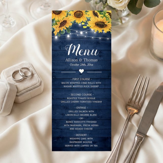 Rustic Navy Blue Sunflowers String Lights Wedding Menu (Creator Uploaded)