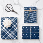 Rustic Navy Blue Tartan Plaid Merry Christmas Wrapping Paper Sheet<br><div class="desc">Rustic modern gift wrap set features three coordinating holiday wrapping paper sheets: navy blue and white tartan plaid,  black with white script "Merry Christmas" text,  and navy with little white pine trees pattern.</div>