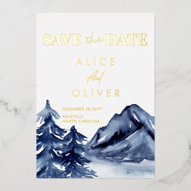Rustic Navy Blue Trees Mountain Save The Date (Front)