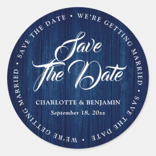Rustic Navy Blue Typography Wedding Save The Date Classic Round Sticker