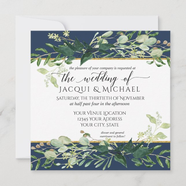 Rustic Navy Blue Watercolor Eucalyptus Wedding Invitation (Front)