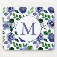 Rustic Navy Blue Watercolor Floral Monogram