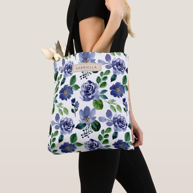 Rustic Navy Blue Watercolor Floral Personalized Tote Bag (Close Up)
