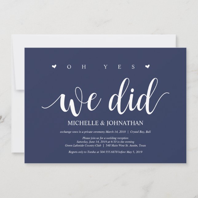 Rustic Navy Blue Wedding Elopement Reception Invitation (Front)