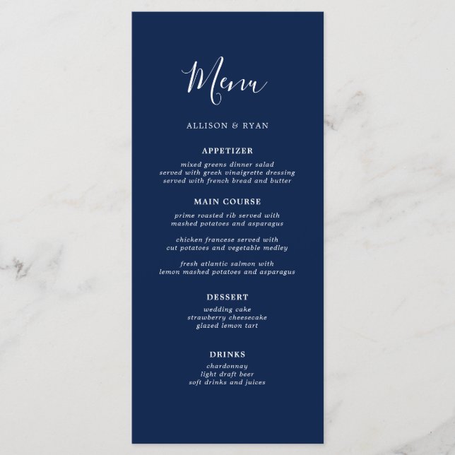 Rustic Navy Blue Wedding Menu (Front)