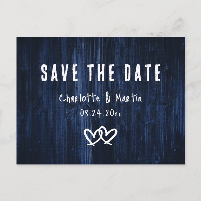 Rustic Navy Blue Wedding Save The Date Postcard (Front)