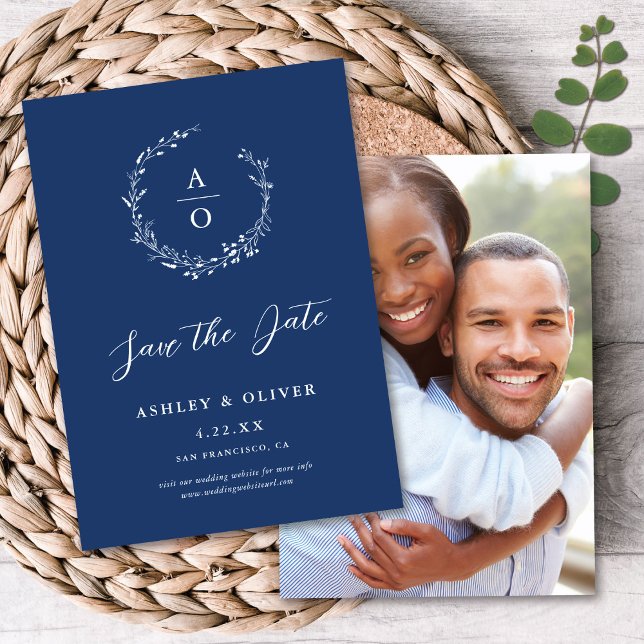Rustic Navy Blue Wildflower + Photo Save The Date Invitation (Creator Uploaded)