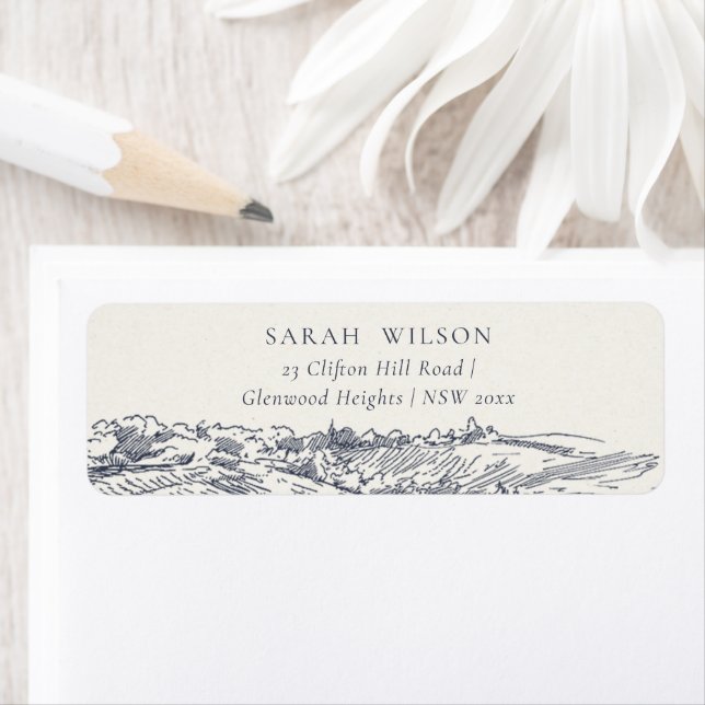 Rustic Navy Blue Winery Mountain Sketch Address (Insitu)
