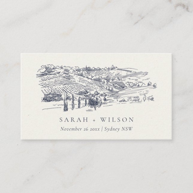 Rustic Navy Blue Winery Mountain Sketch Wedding Place Card (Front)